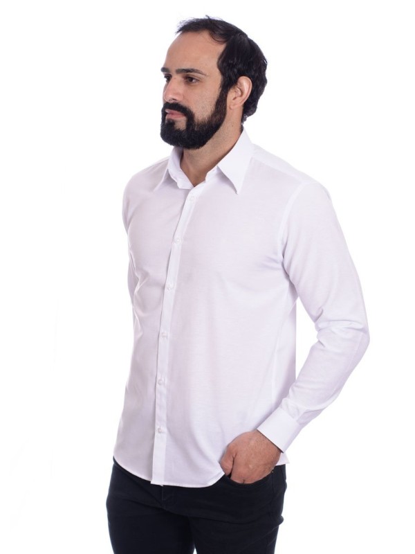 Camisa social branca masculina de microfibra manga longa