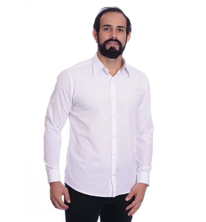 Camisa social branca masculina de microfibra manga longa