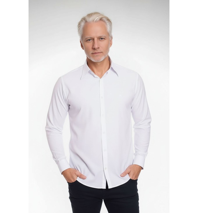 Camisa social branca masculina de microfibra manga longa