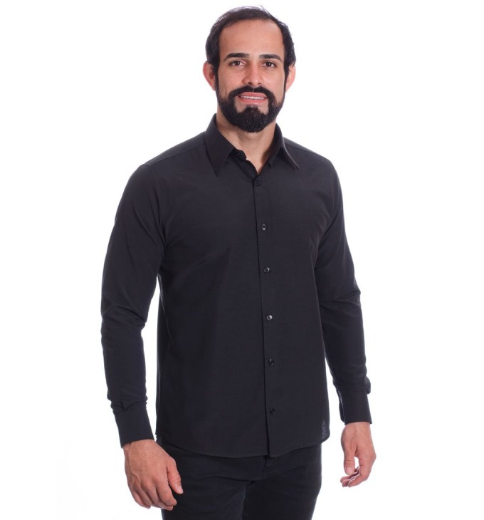 Camisa preta masculina manga longa de microfibra Camisa preta masculina manga longa de microfibra