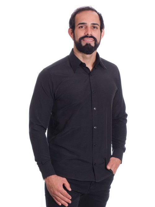 Camisa preta masculina manga longa de microfibra