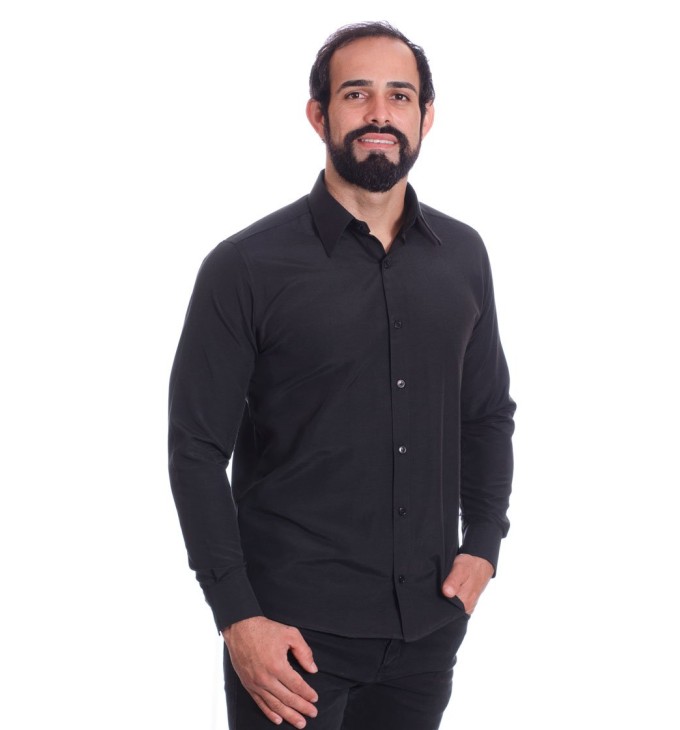 Camisa preta masculina manga longa de microfibra Camisa preta masculina manga longa de microfibra