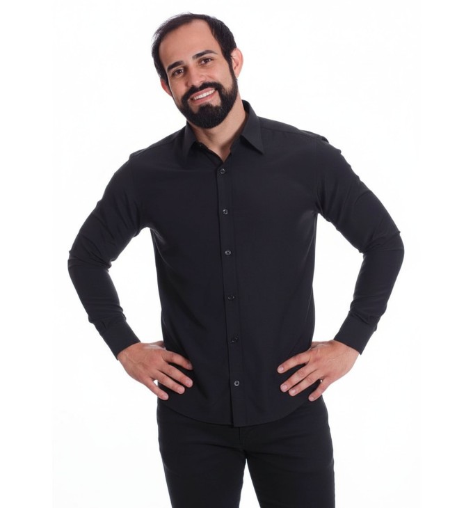 Camisa preta masculina manga longa de microfibra