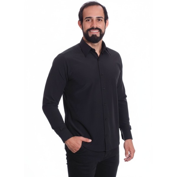 Camisa preta masculina manga longa de microfibra