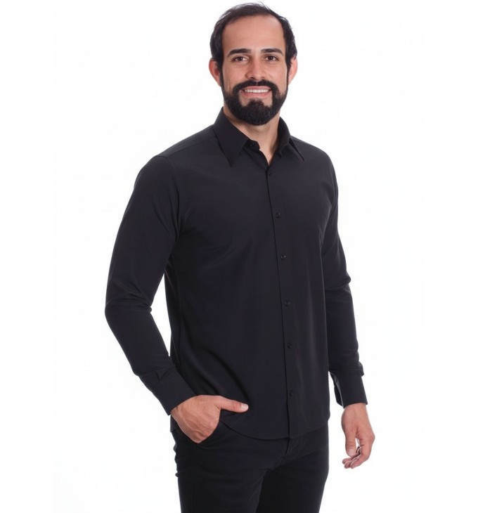 Camisa preta masculina manga longa de microfibra