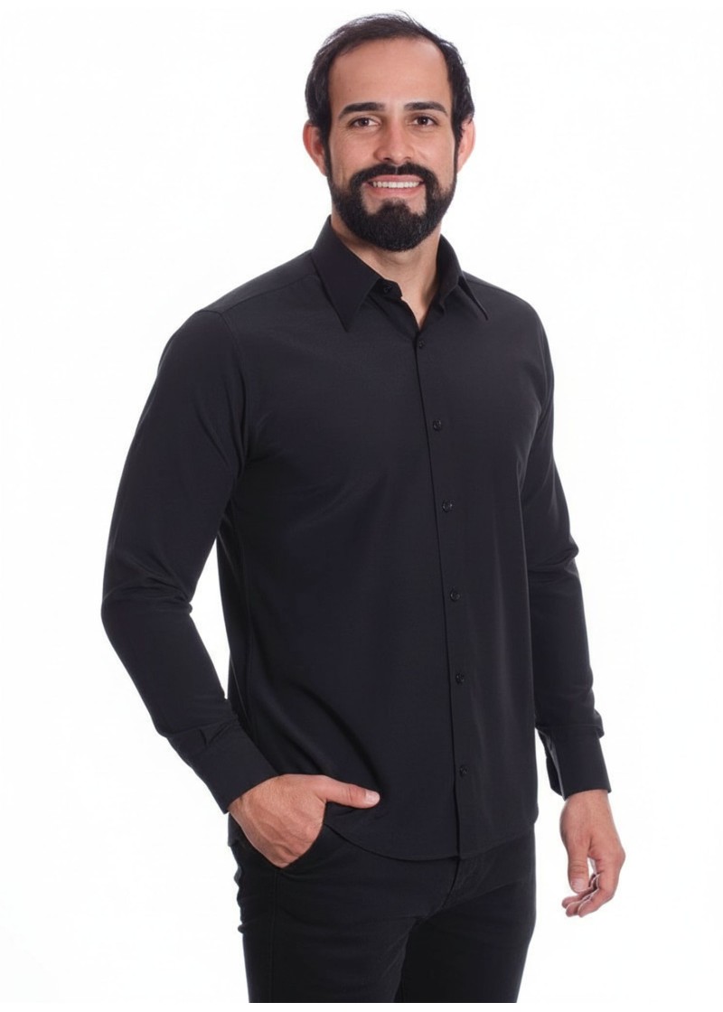 Camisa preta masculina manga longa de microfibra