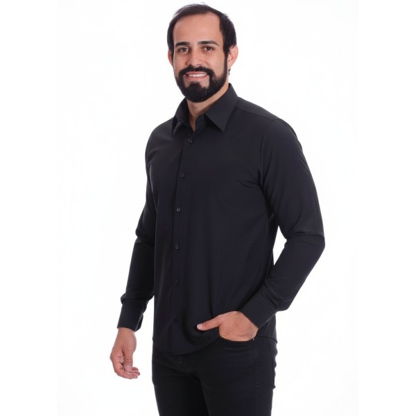 Camisa preta masculina manga longa de microfibra
