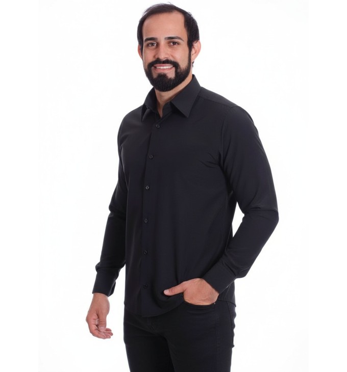 Camisa preta masculina manga longa de microfibra