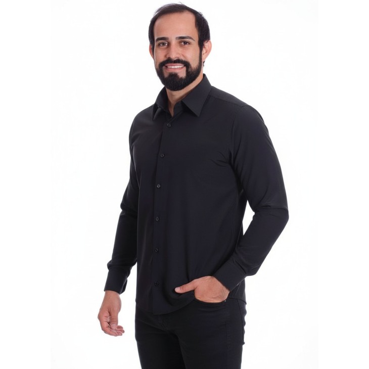 Camisa preta masculina manga longa de microfibra