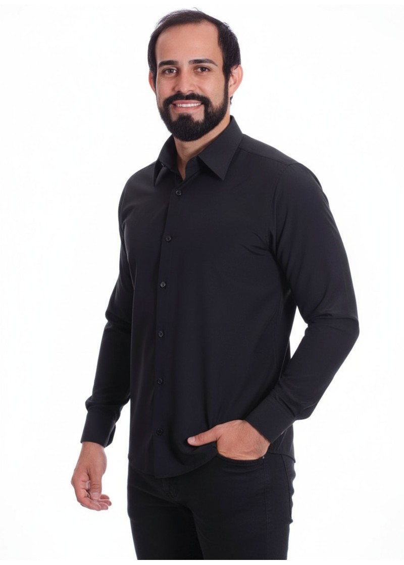 Camisa preta masculina manga longa de microfibra