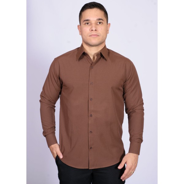 Camisa social masculina de microfibra manga longa, marrom café