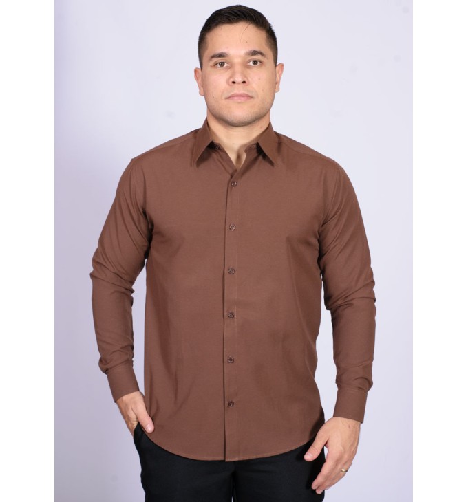 Camisa social masculina de microfibra manga longa, marrom café Camisa social masculina de microfibra manga longa, marrom café