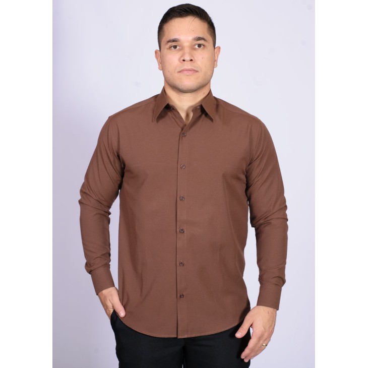 Camisa social masculina de microfibra manga longa, marrom café