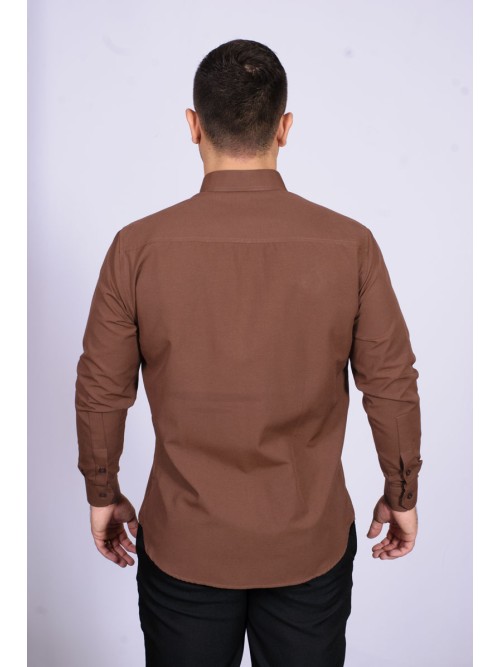 Camisa social masculina de microfibra manga longa, marrom café
