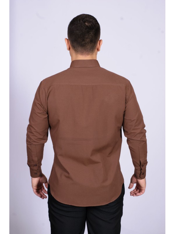 Camisa social masculina de microfibra manga longa, marrom café