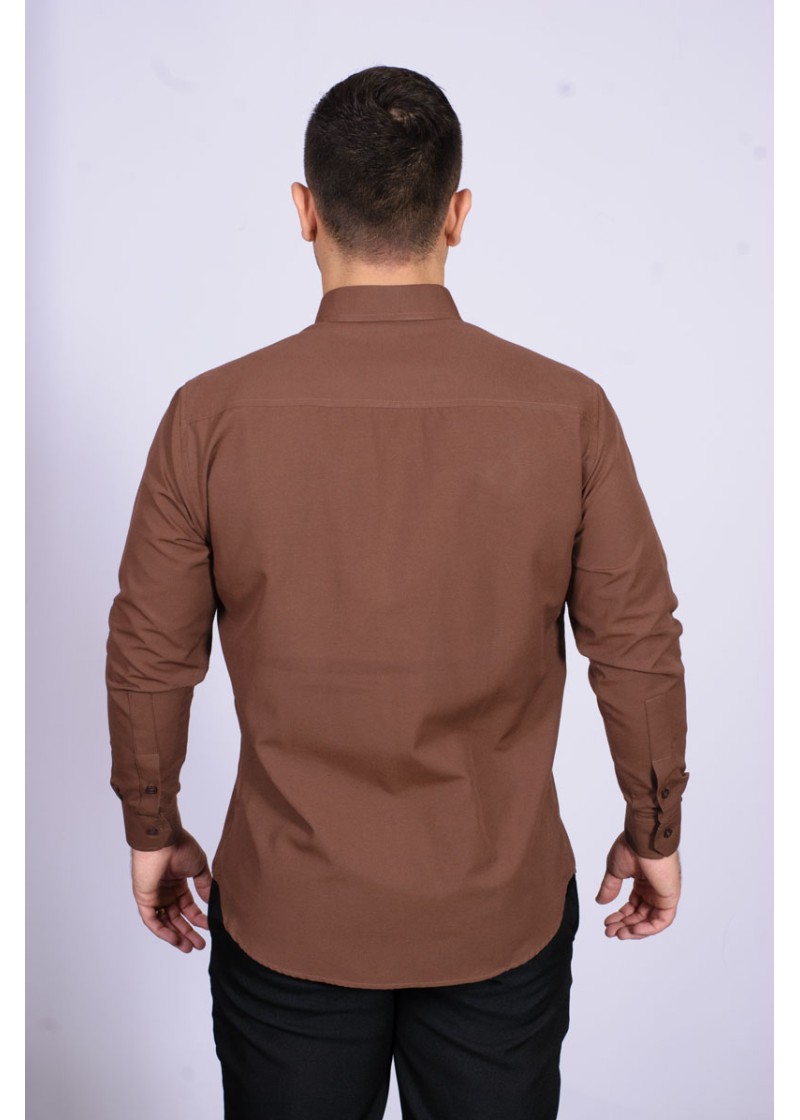 Camisa social masculina de microfibra manga longa, marrom café