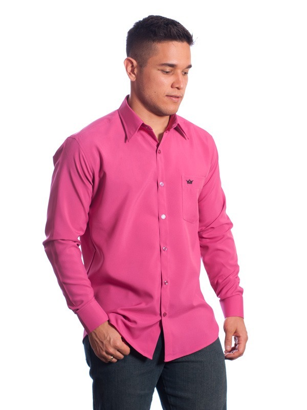 Camisa social masculina de microfibra manga longa,  pink