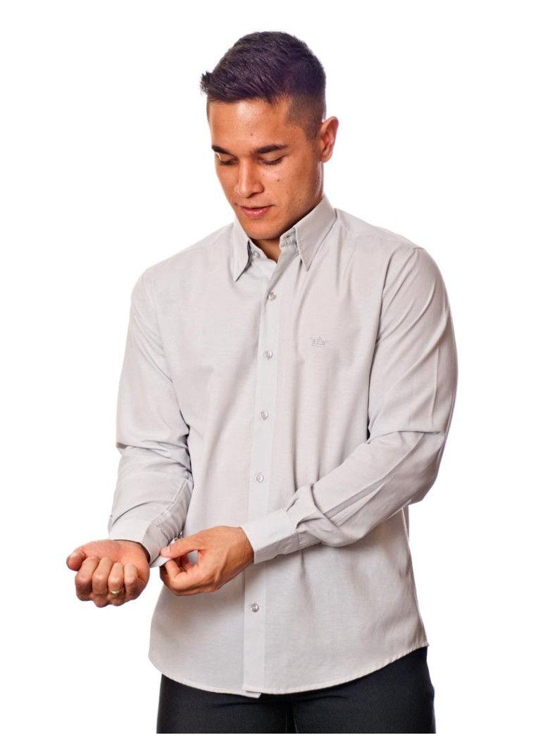 Camisa social masculina de microfibra manga longa, cinza clara