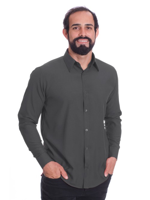 Camisa social masculina de microfibra manga longa, chumbo