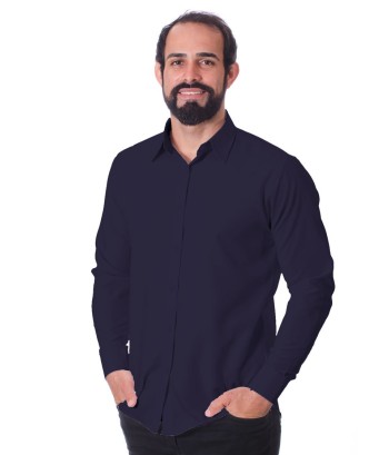 Camisa social masculina de microfibra manga longa, marinho