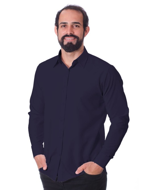 Camisa social masculina de microfibra manga longa, marinho