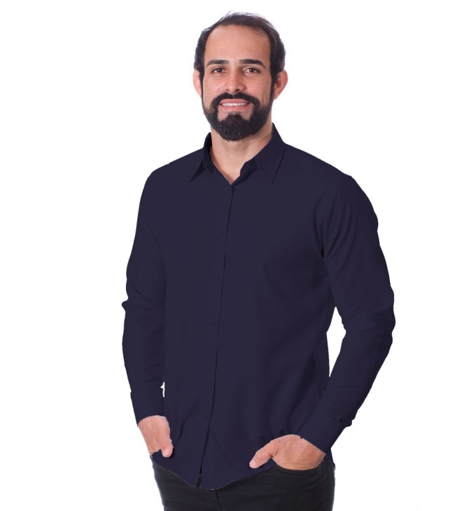 Camisa social masculina de microfibra manga longa, marinho Camisa social masculina de microfibra manga longa, marinho