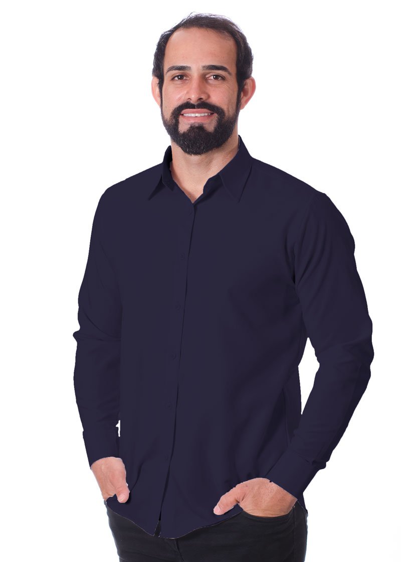 Camisa social masculina de microfibra manga longa, marinho