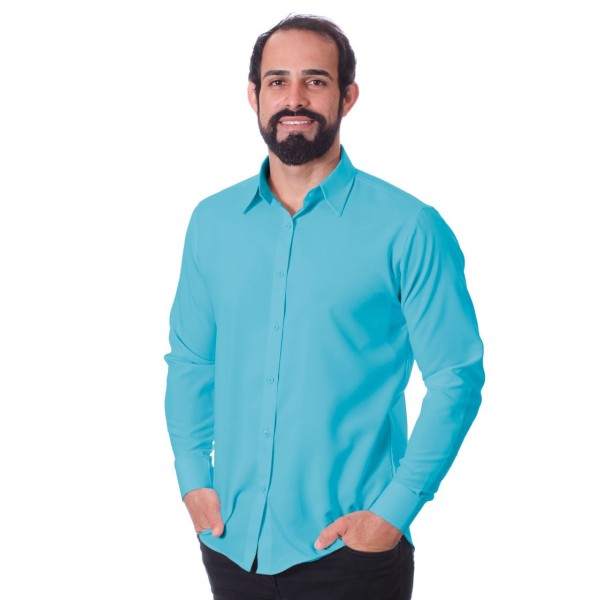 Camisa social azul-celeste masculina de microfibra manga longa