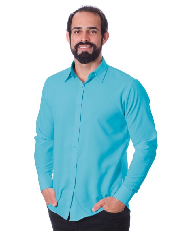 Camisa social azul-celeste masculina de microfibra manga longa