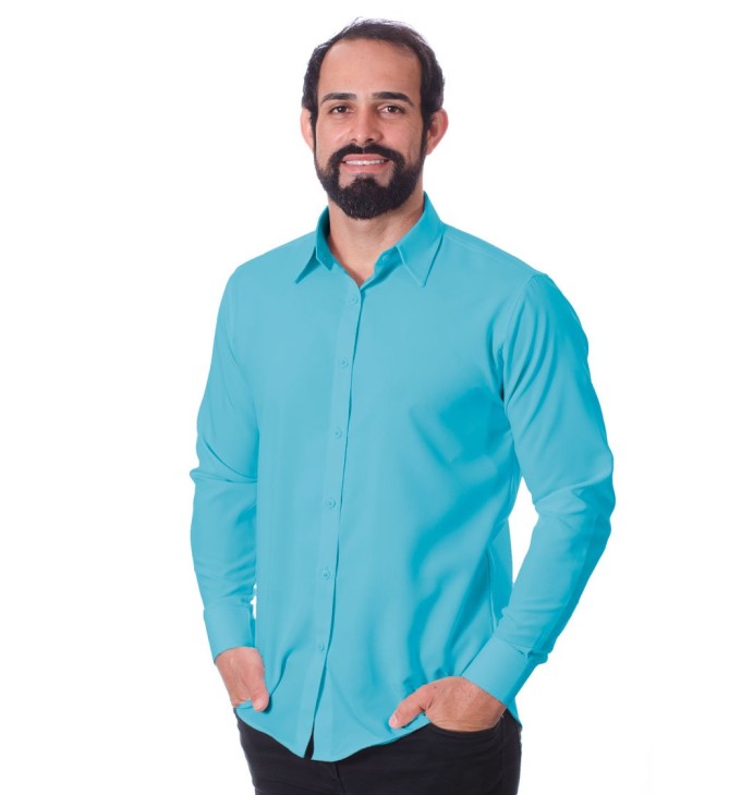 Camisa social azul-celeste masculina de microfibra manga longa Camisa social azul-celeste masculina de microfibra manga longa