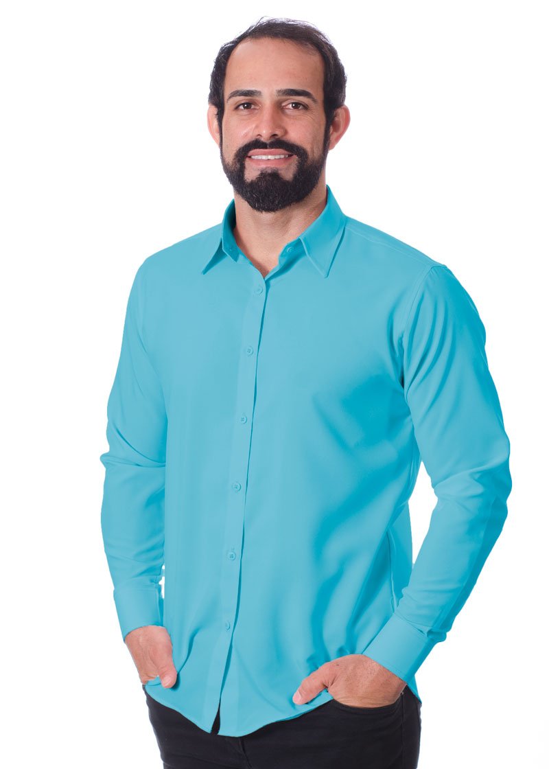 Camisa social azul-celeste masculina de microfibra manga longa