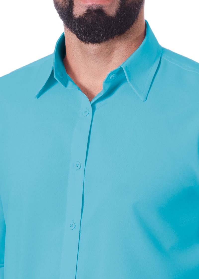 Camisa social azul-celeste masculina de microfibra manga longa