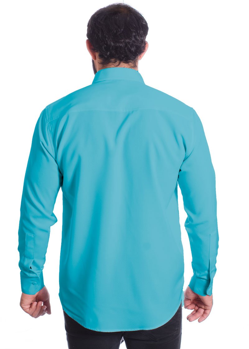 Camisa social azul-celeste masculina de microfibra manga longa