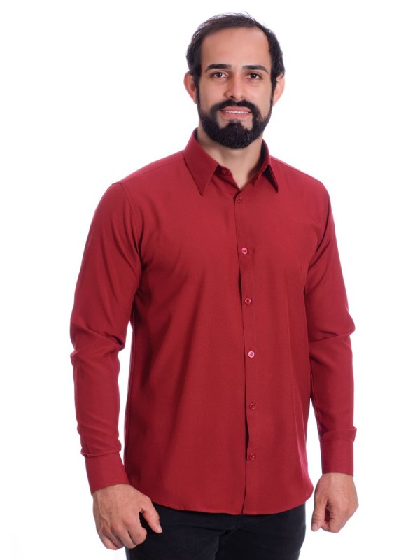 Camisa social masculina de microfibra manga longa, vinho