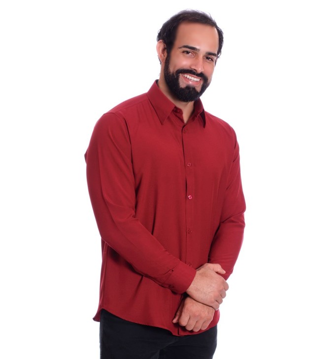 Camisa social masculina de microfibra manga longa, vinho Camisa social masculina de microfibra manga longa, vinho