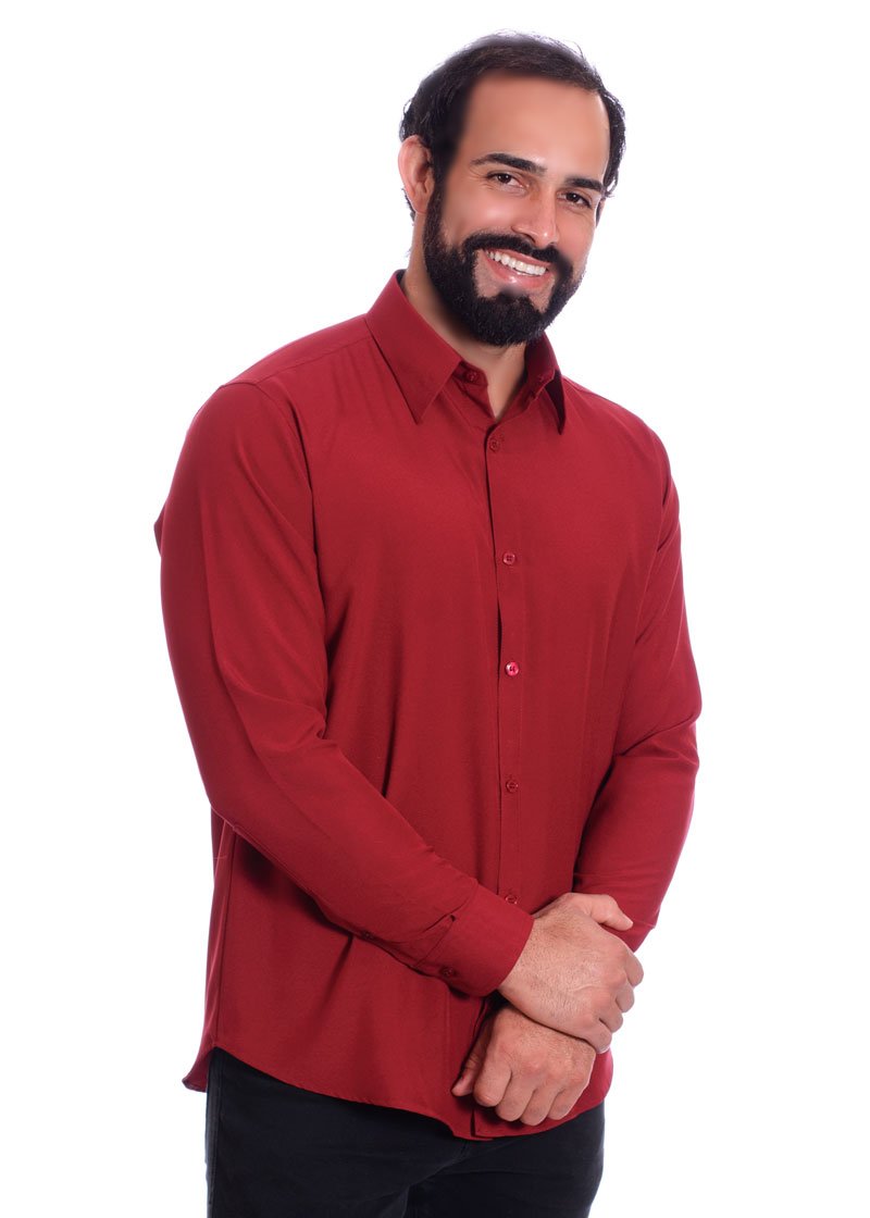 Camisa social masculina de microfibra manga longa, vinho