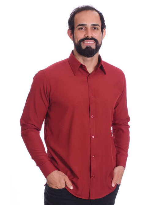 Camisa social masculina de microfibra manga longa, vinho