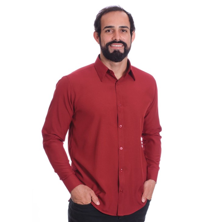 Camisa social masculina de microfibra manga longa, vinho Camisa social masculina de microfibra manga longa, vinho