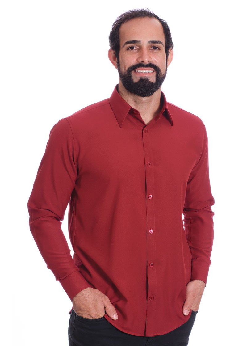 Camisa social masculina de microfibra manga longa, vinho