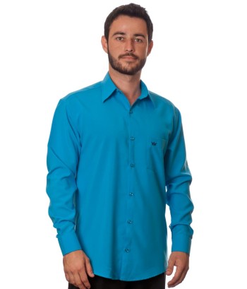Camisa social azul-turquesa masculina de microfibra manga longa