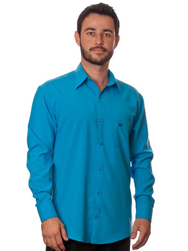 Camisa social azul-turquesa masculina de microfibra manga longa