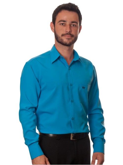 Camisa social azul-turquesa masculina de microfibra manga longa