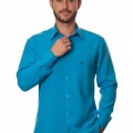 Camisa social azul-turquesa masculina de microfibra manga longa