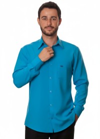 Camisa social azul-turquesa masculina de microfibra manga longa