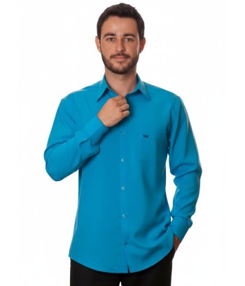 Camisa social azul-turquesa masculina de microfibra manga longa
