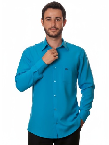 Camisa social azul-turquesa masculina de microfibra manga longa