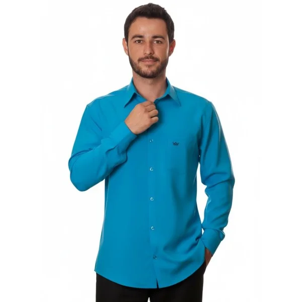 aksama シャツ　ブルー Camisa social azul-turquesa masculina de microfibra manga longa