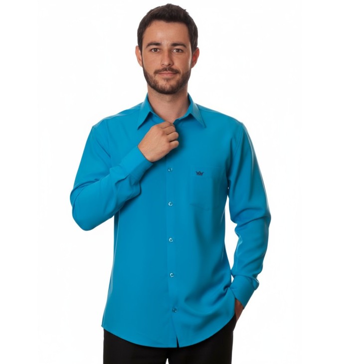 Camisa social azul-turquesa masculina de microfibra manga longa Camisa social azul-turquesa masculina de microfibra manga longa