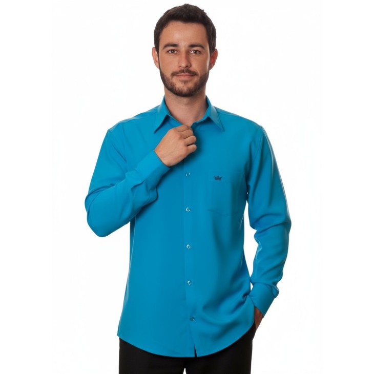 Camisa social azul-turquesa masculina de microfibra manga longa