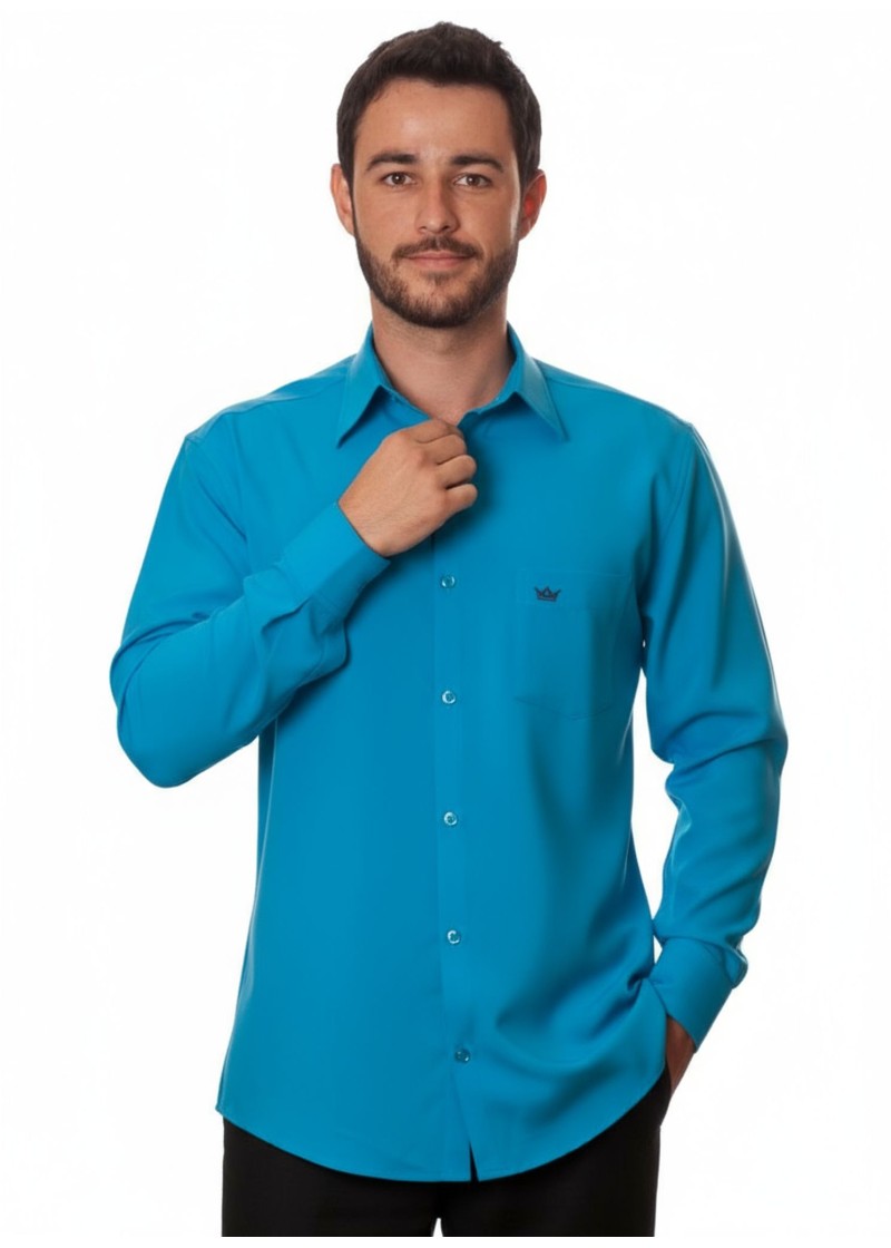Camisa social azul-turquesa masculina de microfibra manga longa